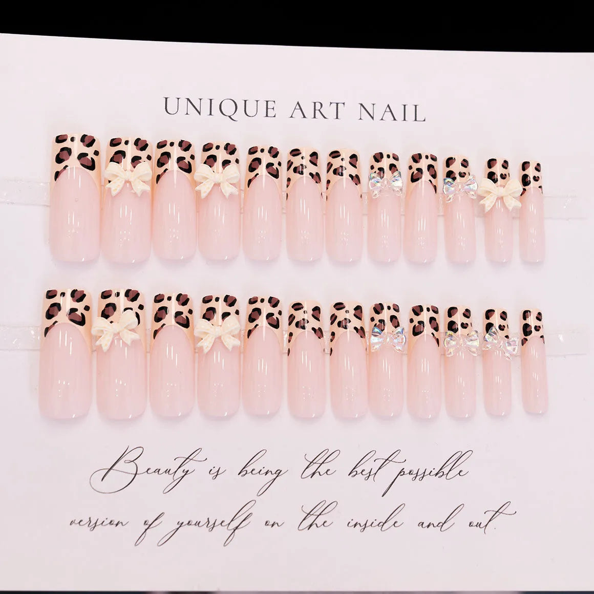 Leopard print and butterfly design false nails in WM296 colour, plastic construction