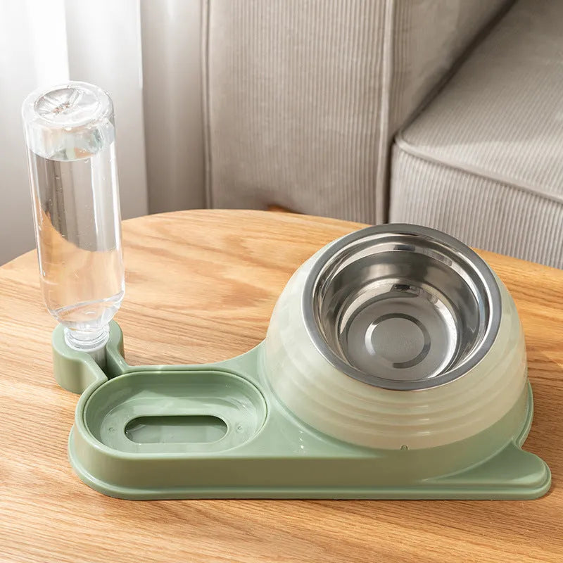 Raised cat food bowl with automatic water dispenser in brown colour