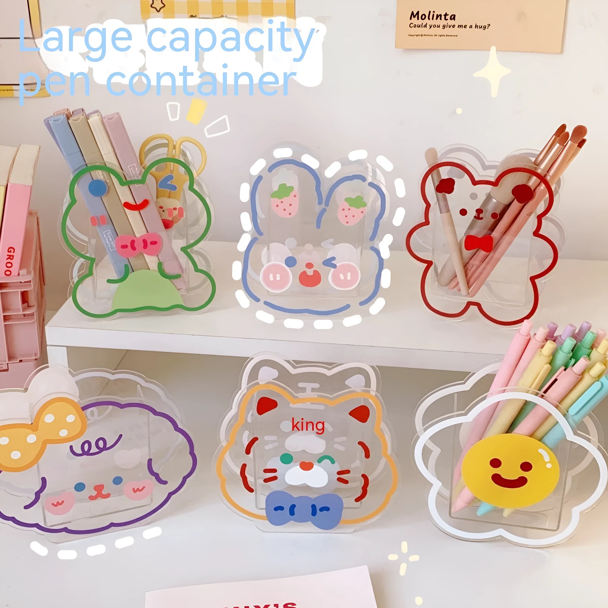 Clear square acrylic storage box with cute cartoon design options including strawberry rabbit and poached egg
