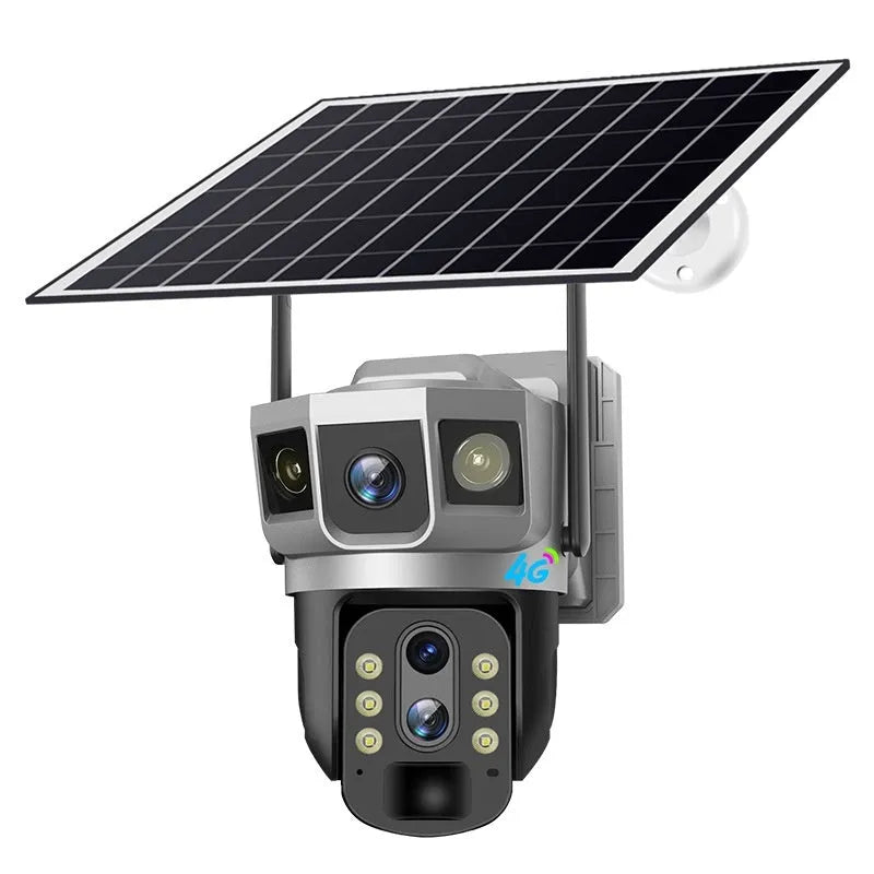 V380 4G outdoor security camera with solar panel showing three-screen monitor display