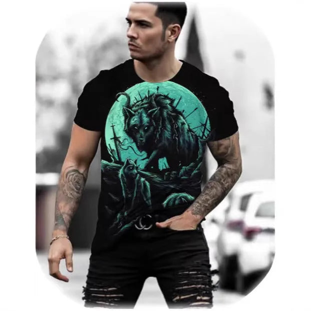 Men's retro 3D animal print short-sleeved T-shirt in thin bird eye cloth polyester fabric