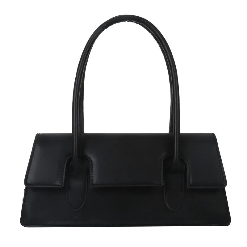 Women's black PU leather square shoulder bag with single strap and stitching details