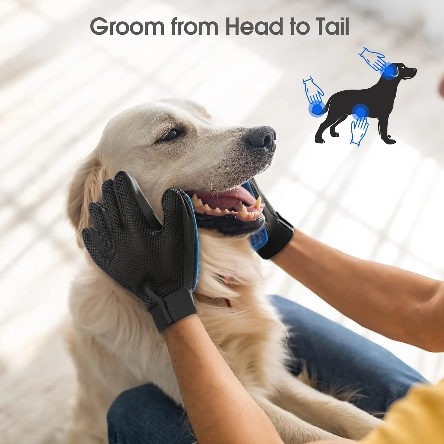Blue silicone pet grooming gloves with silicone tips for removing hair from dogs and cats.