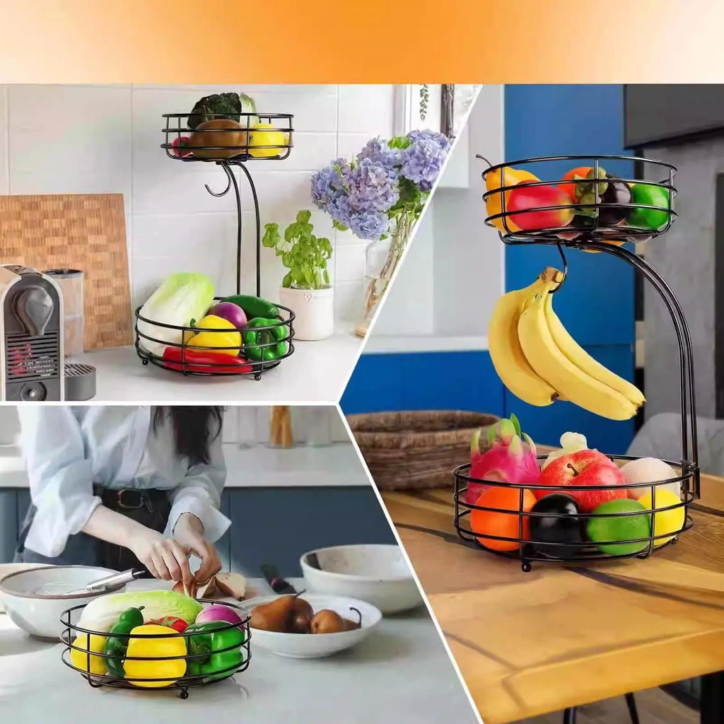 Black and gold double-layer wrought iron storage basket for fruits and vegetables