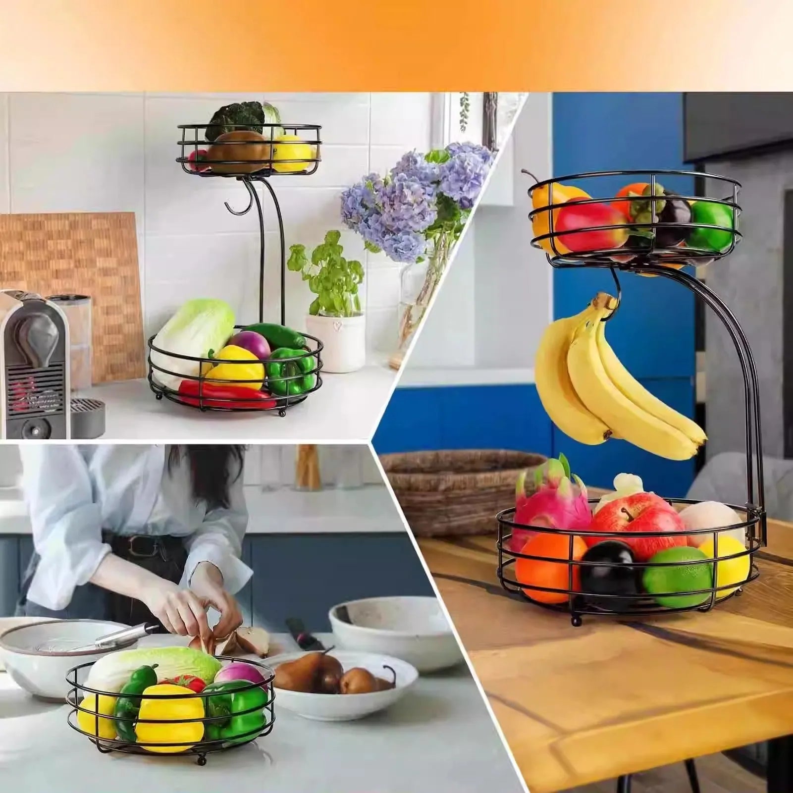 Black and gold double-layer wrought iron storage basket for fruits and vegetables