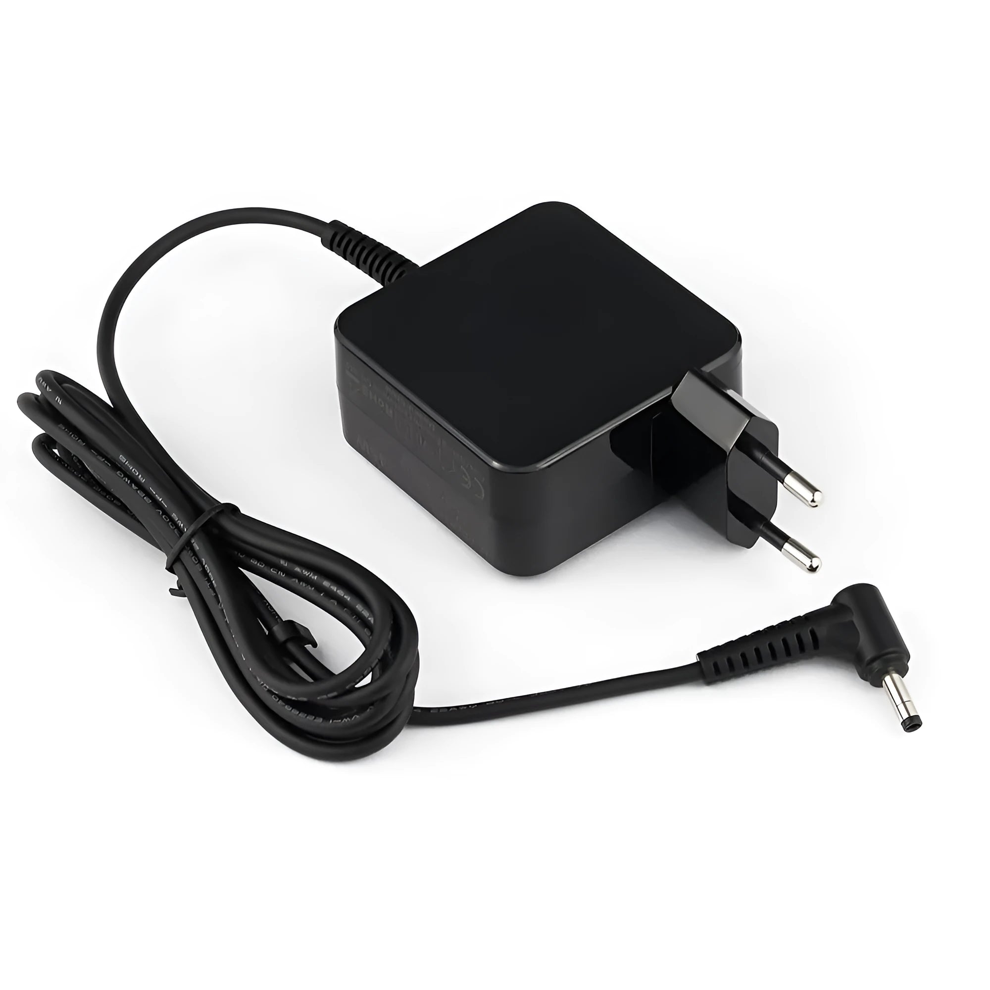 Black 45W laptop power adapter with US and EU plug options showing compact dimensions