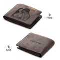 Coffee-coloured engraved horizontal short wallet showing personalised photo engraving and seven card slots