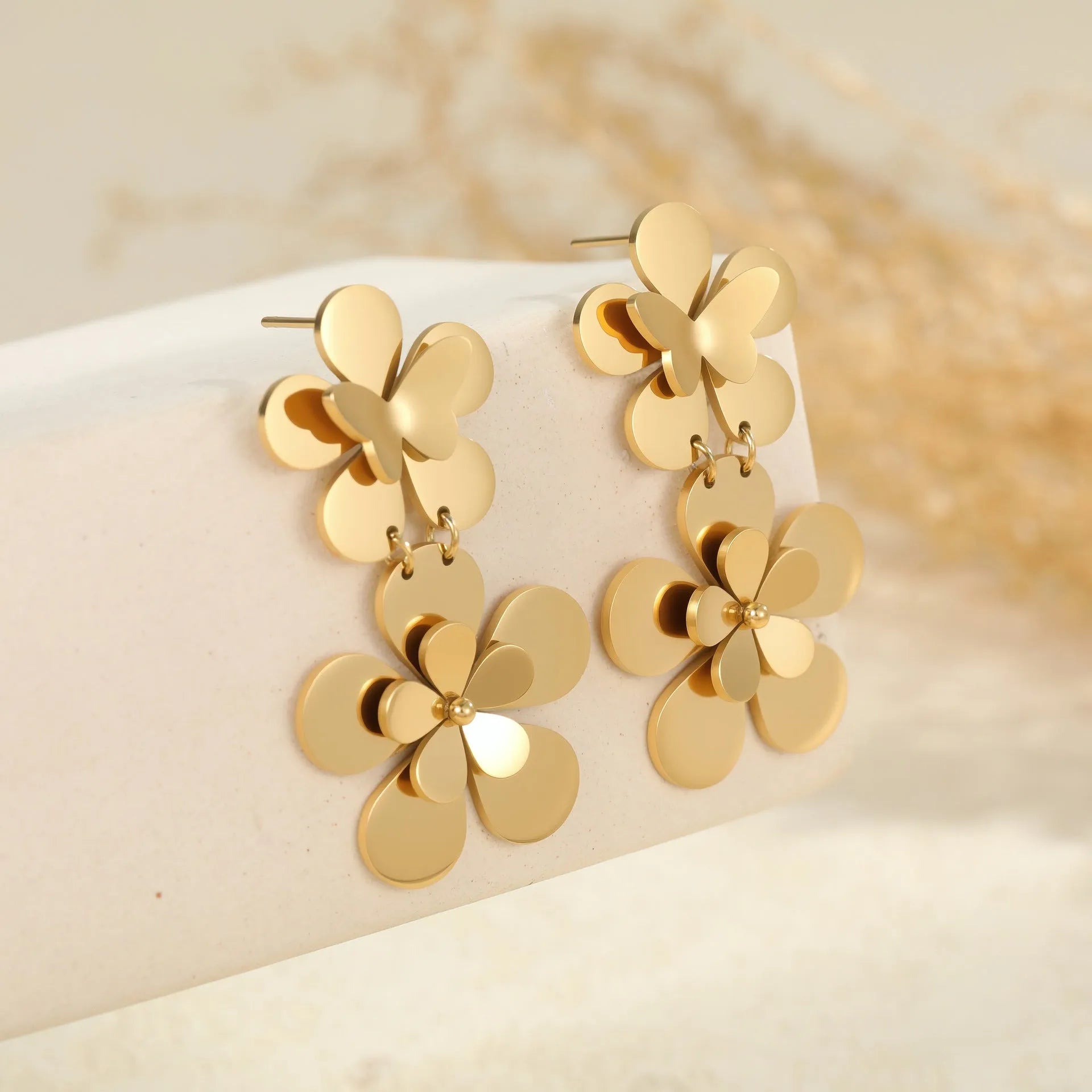 Gold floral butterfly stainless steel earrings with 18K electroplated finish for women