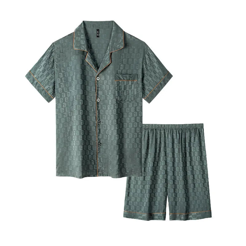 Men's black and white plaid ice silk pajama set with cardigan top and shorts on a hanger.