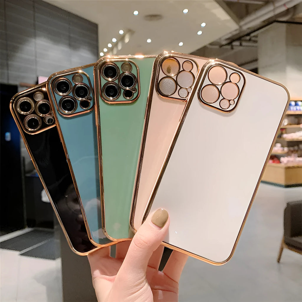 iPhone 13 mobile phone case in TPU and metal electroplated construction showing full coverage design