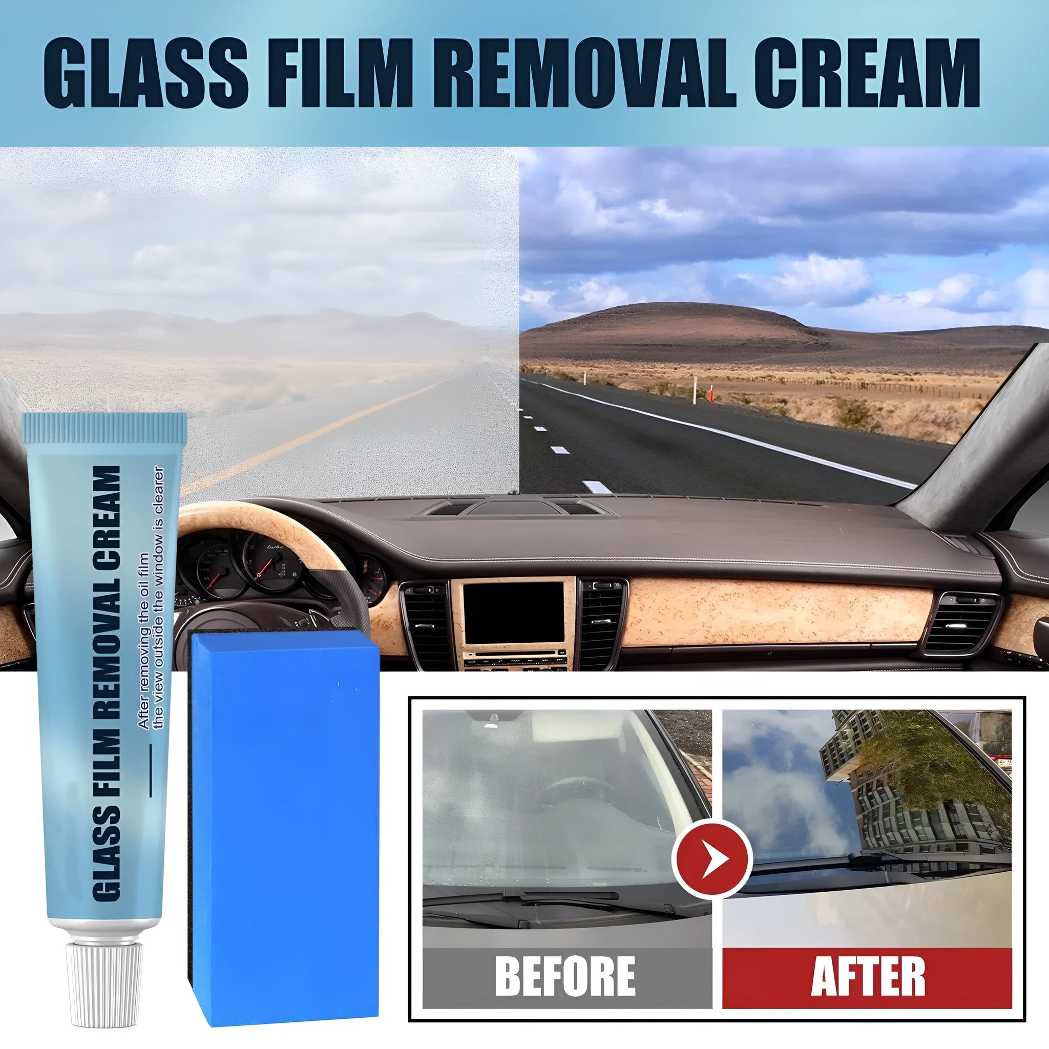 Blue car glass oil film remover with sponge applicator for windshield and window decontamination