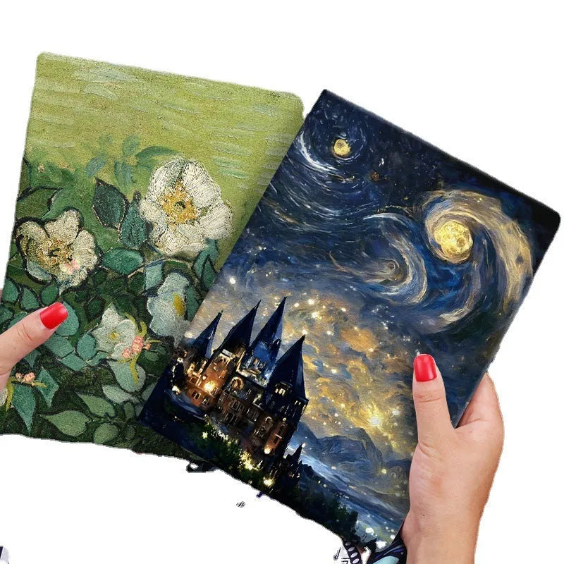 Handmade liquid silicone iPad flip case with hand-painted floral design in apricot flower pattern
