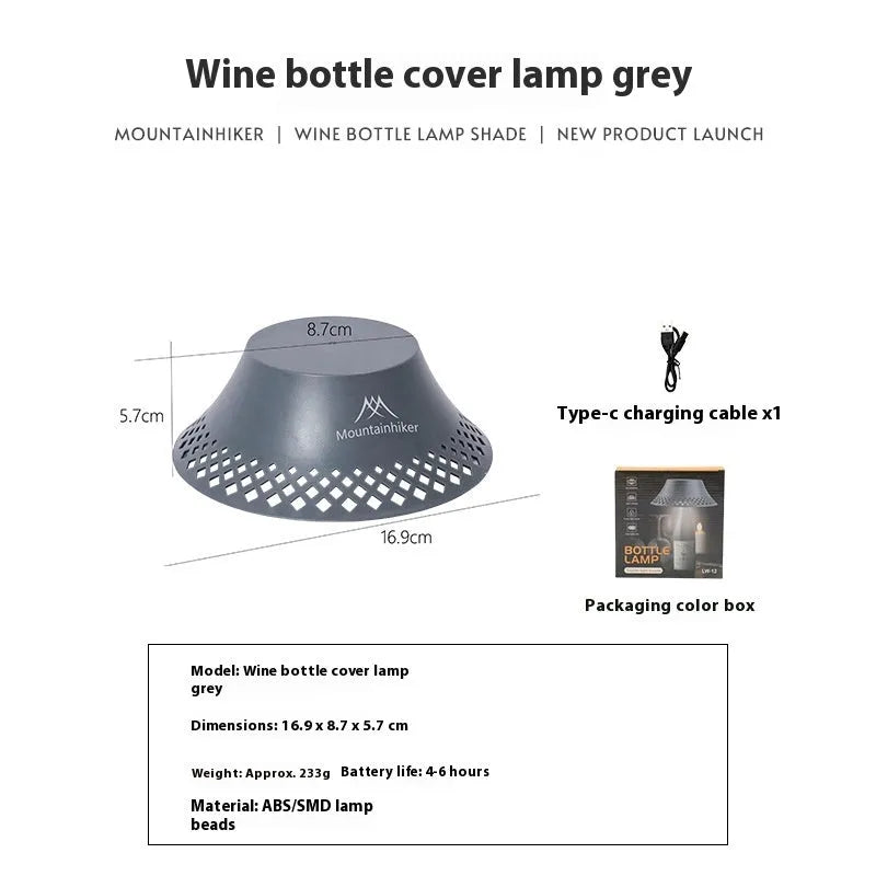 Beige and grey camping lantern with wine bottle-shaped shade showing USB-C port and light modes.