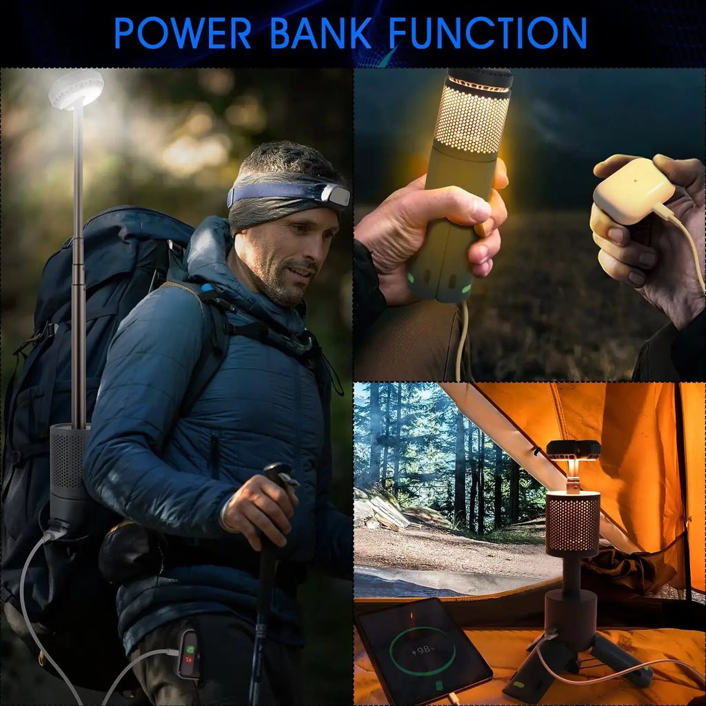 Portable LED camping lantern in off white or dark grey colour with battery compartment and button switch