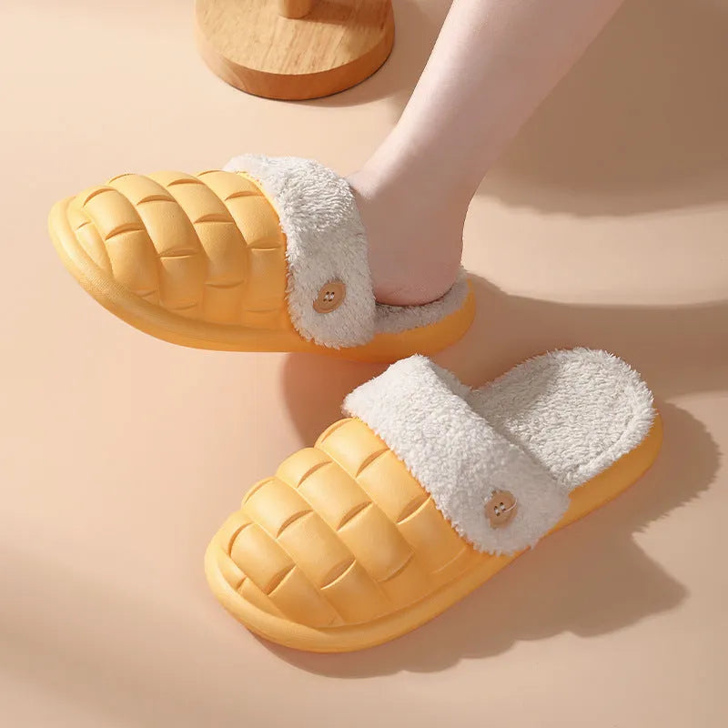 Women's detachable plush-lined EVA slippers in pink with non-slip soles for winter indoor wear