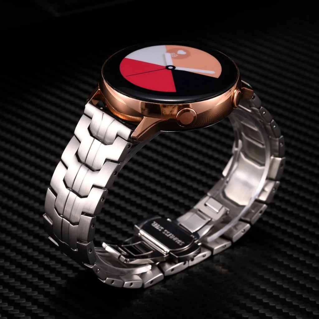 Stainless steel watch strap for Samsung Galaxy Watch showing silver and black colour options