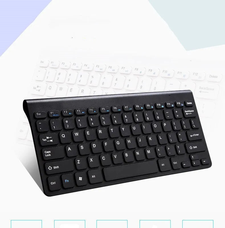 Black wireless keyboard and mouse set with 78 keys and 4-button mouse on desk