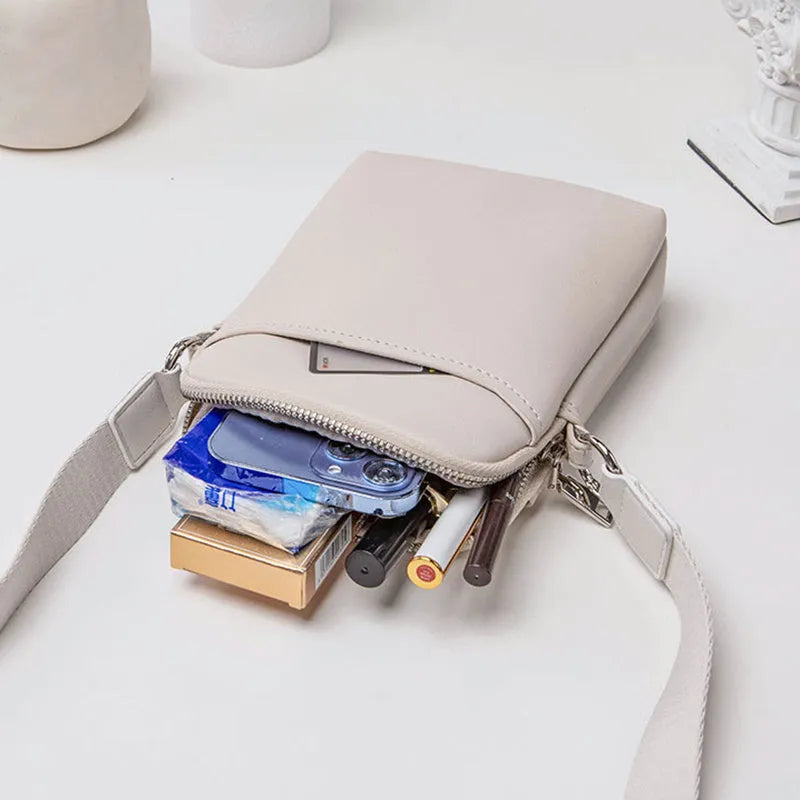 Solid colour PU leather mobile phone crossbody shoulder bag in black, beige, khaki, or green