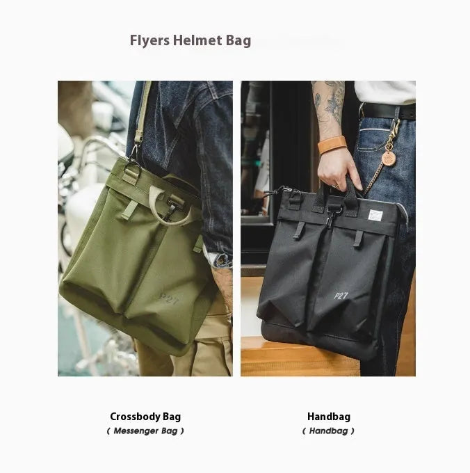 Canvas crossbody messenger bag in military green with shoulder strap and hard handle showing laptop compartment