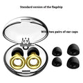 Set of reusable noise reduction earplugs in gold, silver, transparent, purple, and rose gold with storage box.
