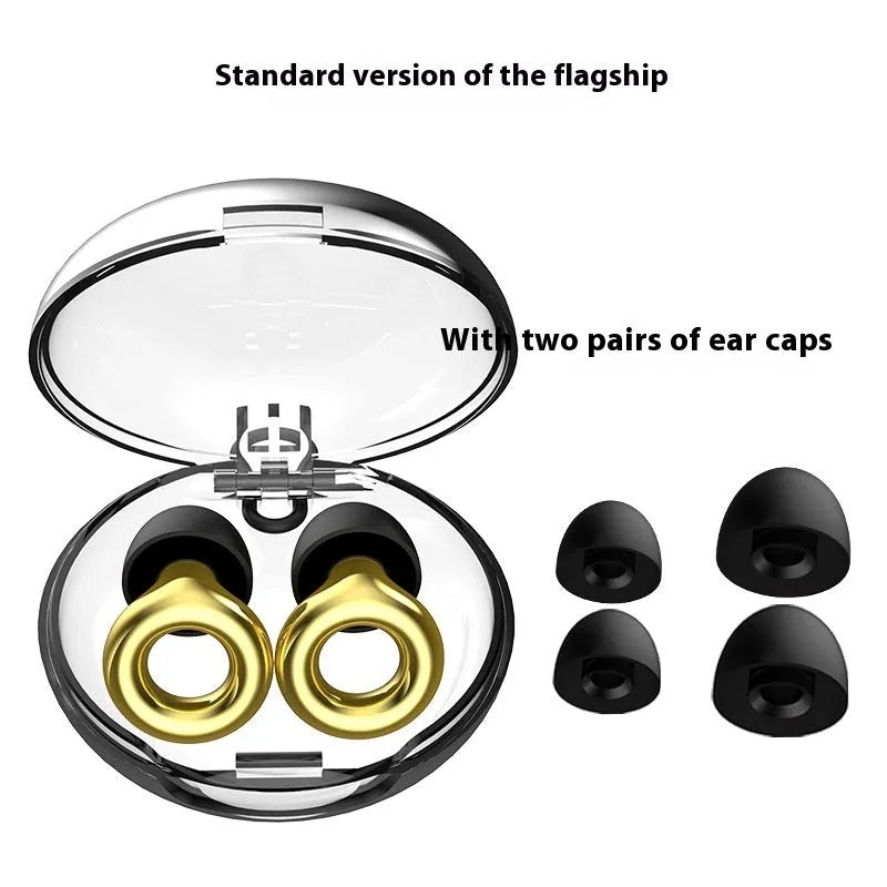 Set of reusable noise reduction earplugs in gold, silver, transparent, purple, and rose gold with storage box.
