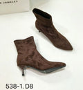 Black pointed toe stiletto heel ankle boots with microfiber upper and mid-calf length