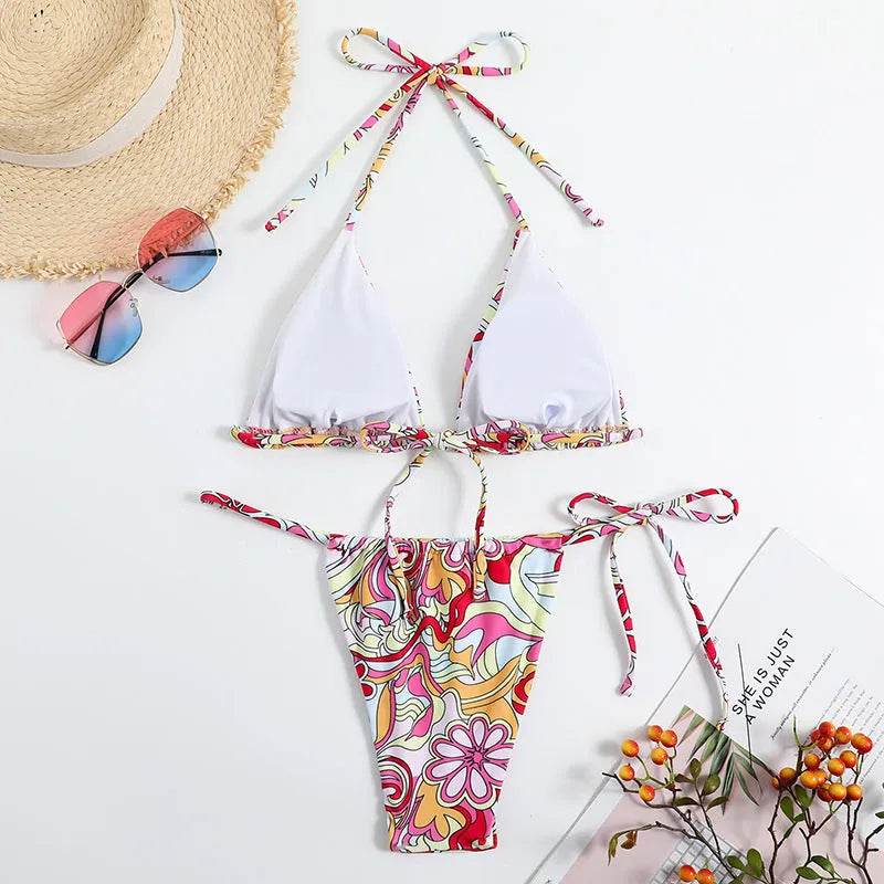Women's triangle printed bikini set with hanging neck design in multicolor pattern