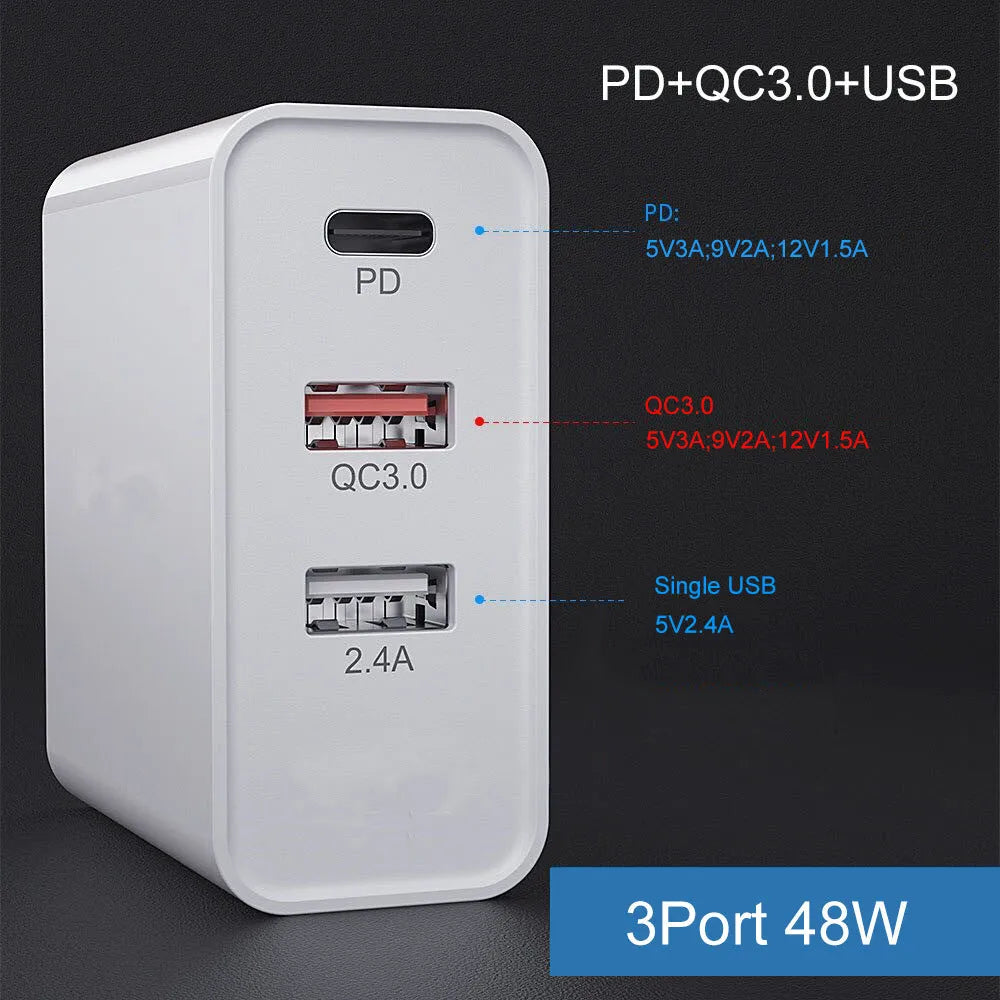White fast charging mobile phone charger head with multiple USB ports and international plug adaptors