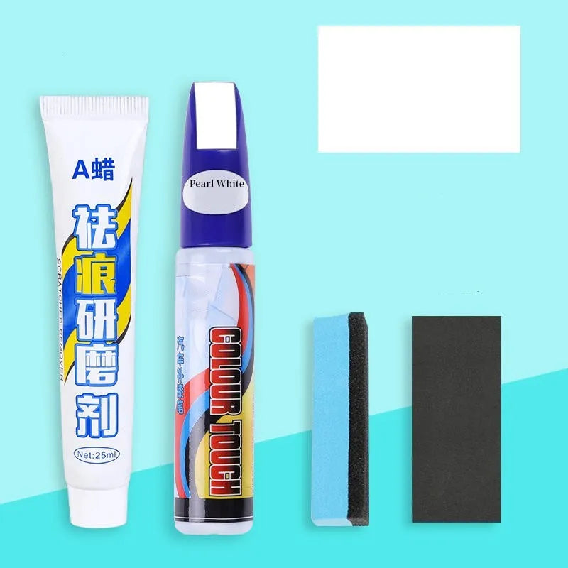 Automotive paint repair pen and scratch removal fluid 4-piece set for car touch-ups.