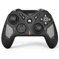 Black wireless Nintendo Switch controller with leather pattern texture on ABS plastic body