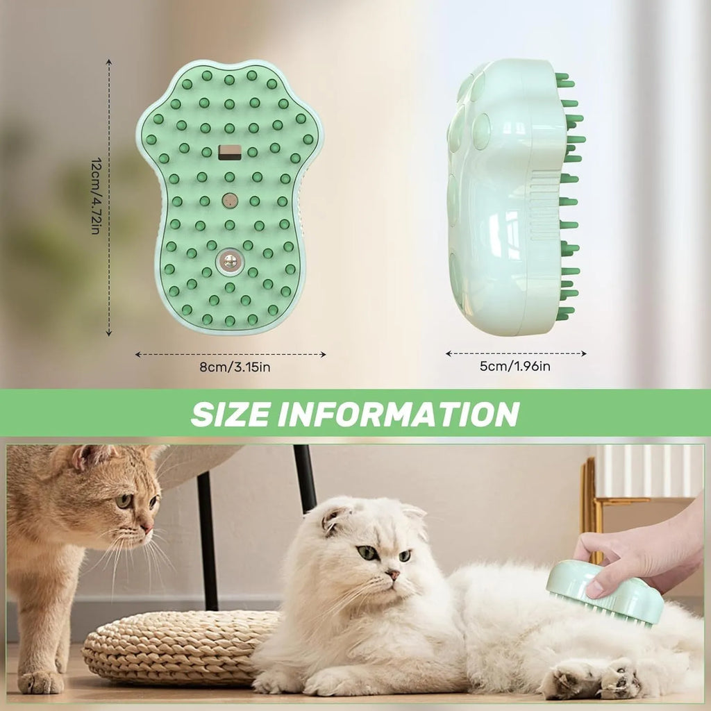 Blue self-cleaning cat steam brush with silicone bristles and a water spray function.