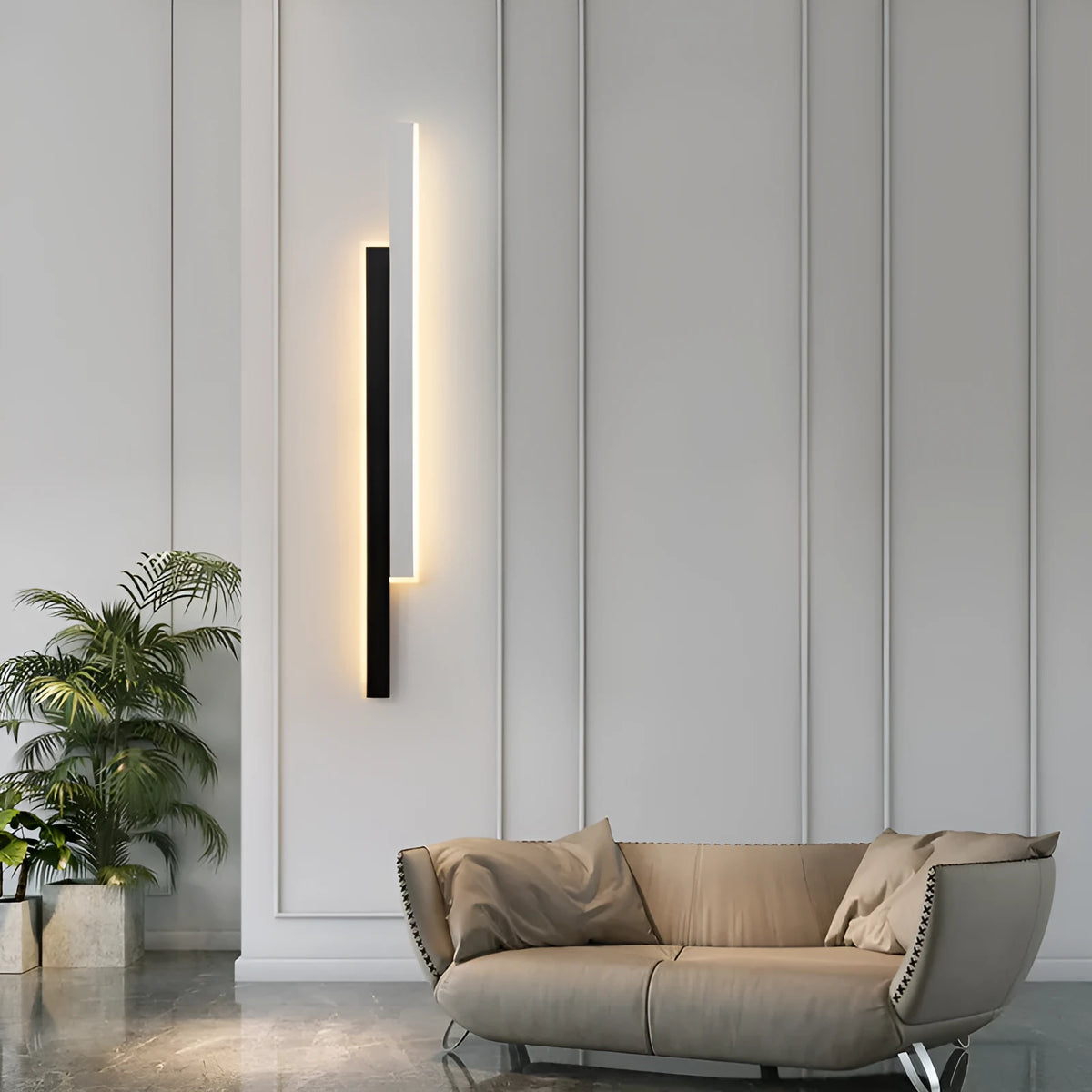 Black and white grid-free pole gate bedside strip wall lamp with acrylic shade and three-colour LED light