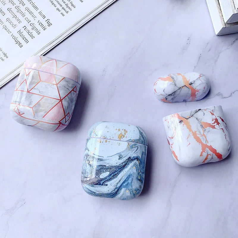 White marble hard PC protective case covering Apple AirPods wireless earphone charging box