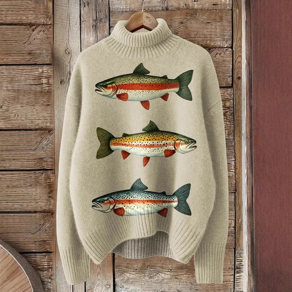 Women's loose-fit Christmas printed turtleneck sweater in macaron colours.