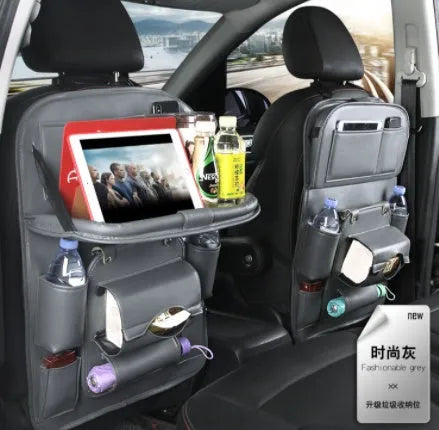 PU leather car seat back storage organiser with multiple pockets and built-in trash can in various colours