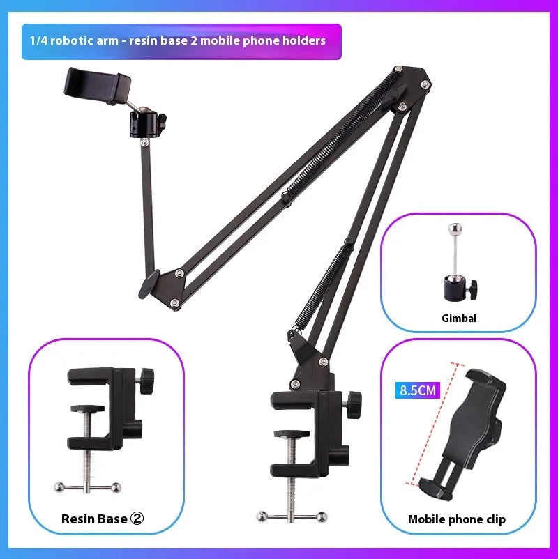 Black foldable desktop cantilever bracket with adjustable arm holding tablet