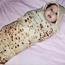 Round shape flannel burrito blanket with food-themed printing showing coral fleece texture