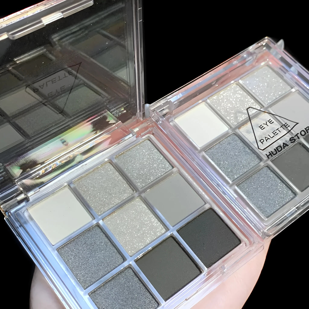 INS style nine-colour smoked eyeshadow palette showing white silver black and iron grey shades