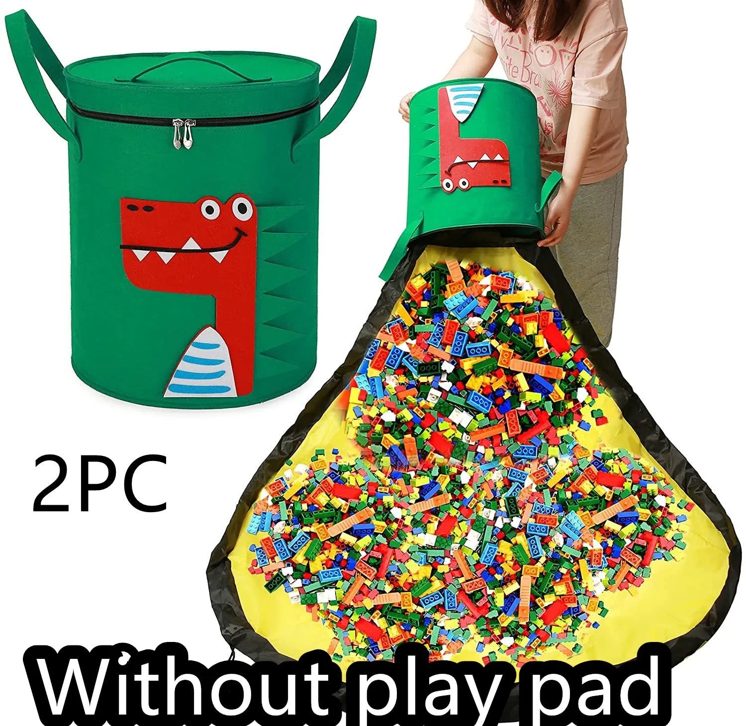 Green felt cube storage bag with pull rope laid flat as play mat for toy organisation