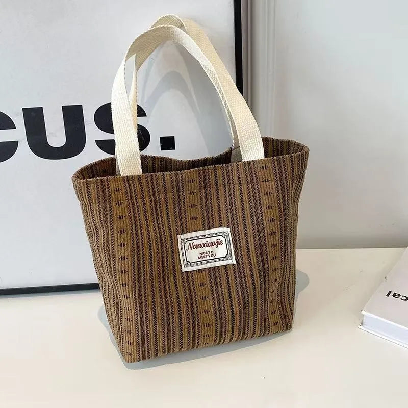 Japanese style corduroy handbag in dark brown with large capacity interior