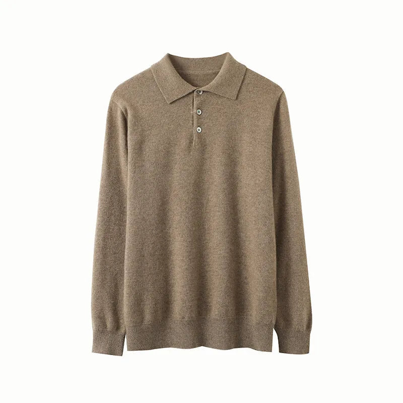 Men's cashmere pullover sweater with polo collar in loose fit, shown in sapphire blue colour