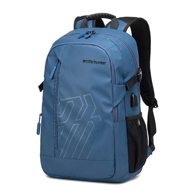 Casual plaid pattern computer backpack with a curved shoulder strap, shown in blue colour.