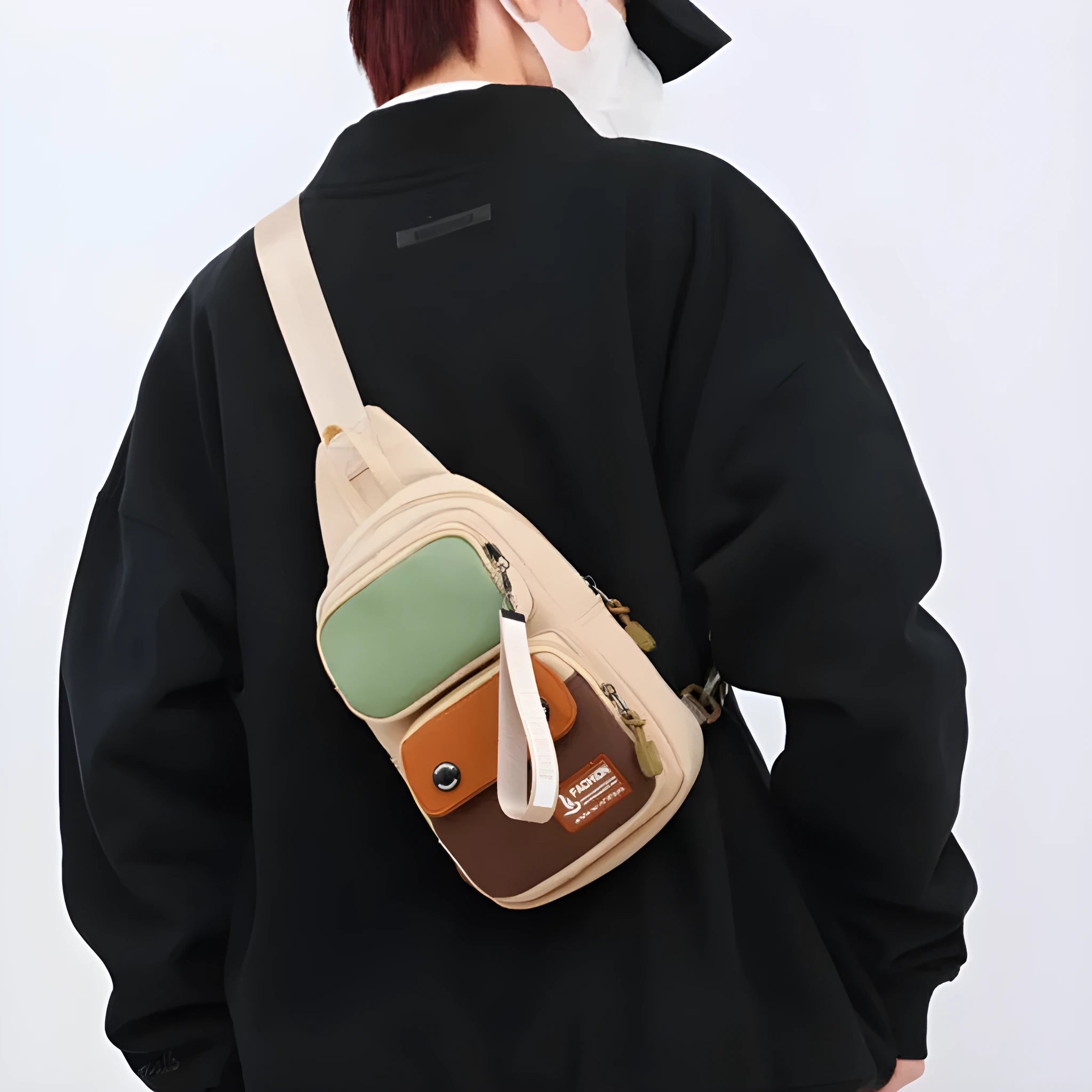 Nylon crossbody shoulder bag for outdoor leisure in black, beige, or light brown contrast colours