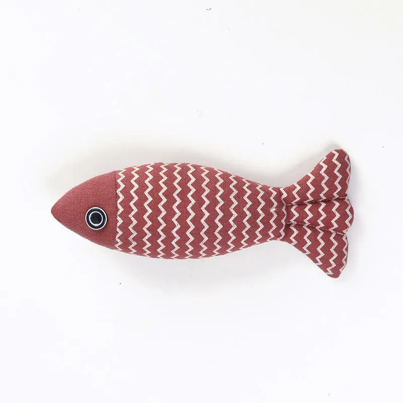 Linen fish pillow cat toy in navy blue, yellow, or purple, 21x9x5cm and 32g, for cat biting play.