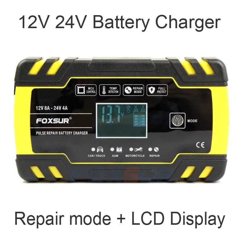 12V 24V motorcycle and car battery charger unit with LCD display screen.