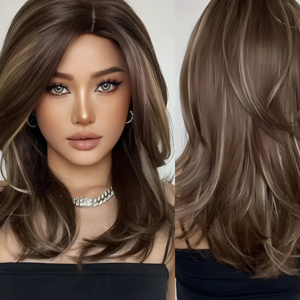 Mid-length curly synthetic wig with long fringe in a platinum gradient colour, available in brown, white gold and wine red.
