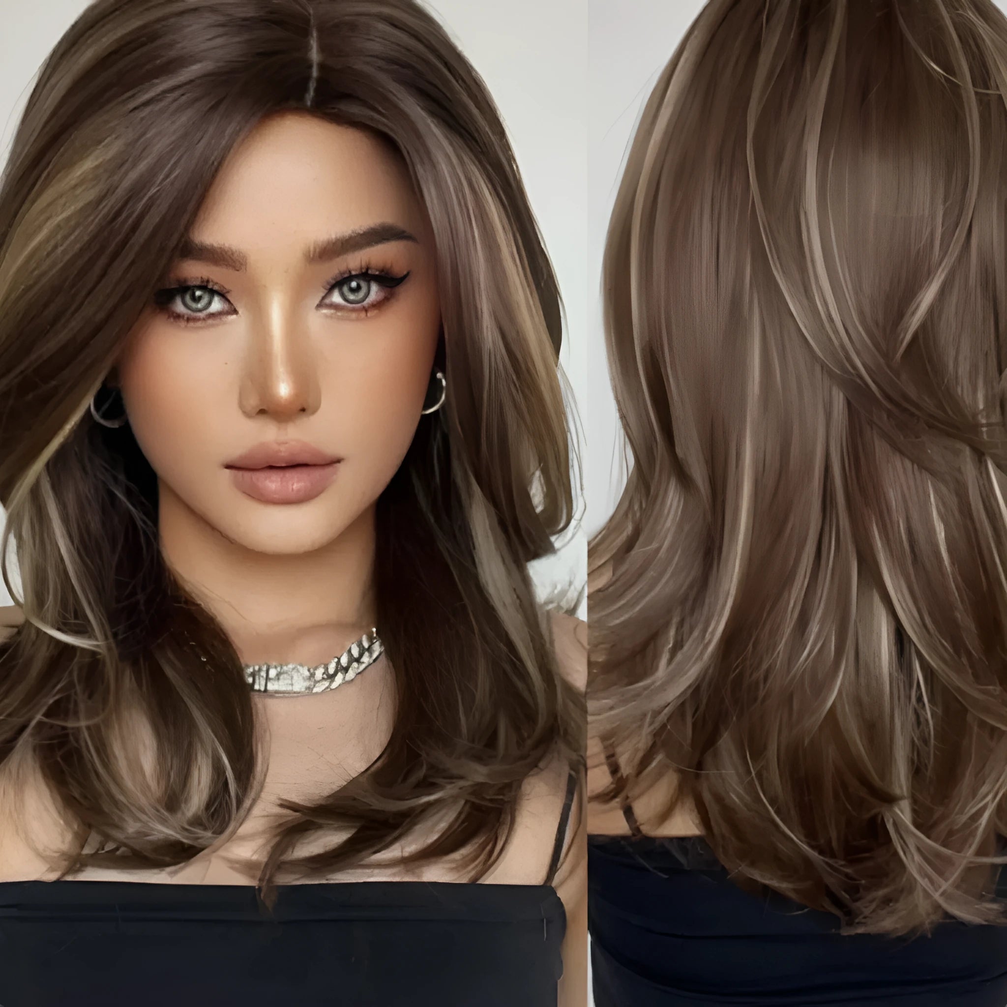 Mid-length curly synthetic wig with long fringe in a platinum gradient colour, available in brown, white gold and wine red.