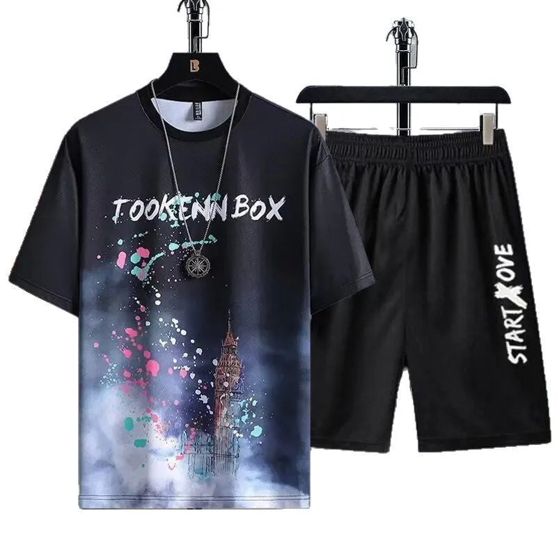 Men's thin polyester summer tracksuit set with short sleeve top and shorts in a casual colour.
