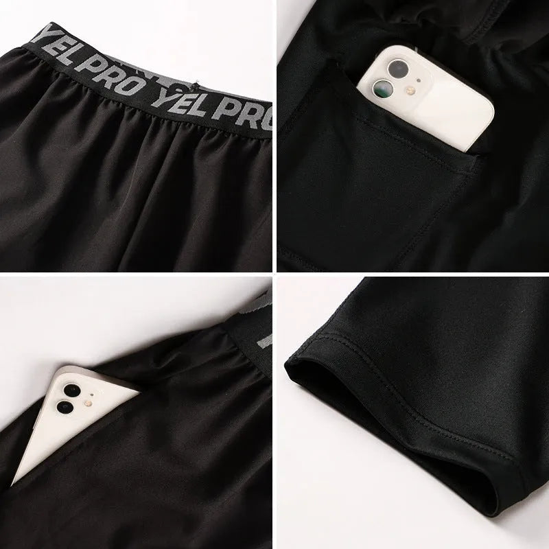 Men's grey quick-drying elastic tight sports pants for fitness and running