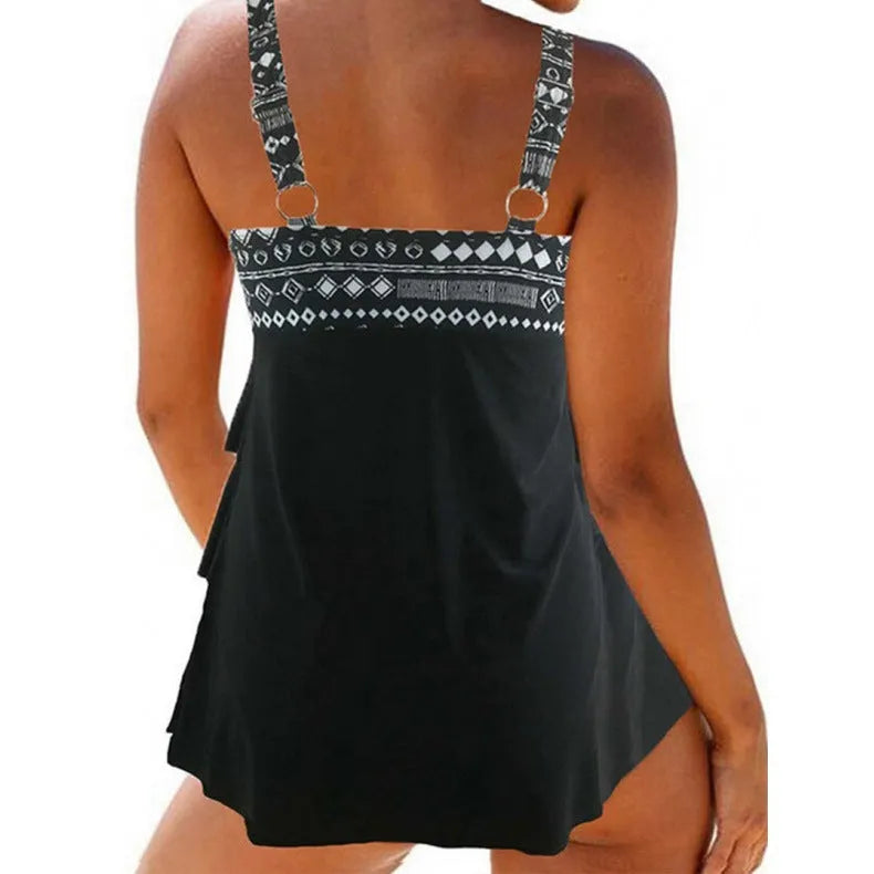 Women's plus-size split swimsuit with double shoulder straps and a bow, in polyester fabric.